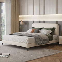 Rounded headboard design with master bedroom bed design + hydraulic bed in off-white fabric