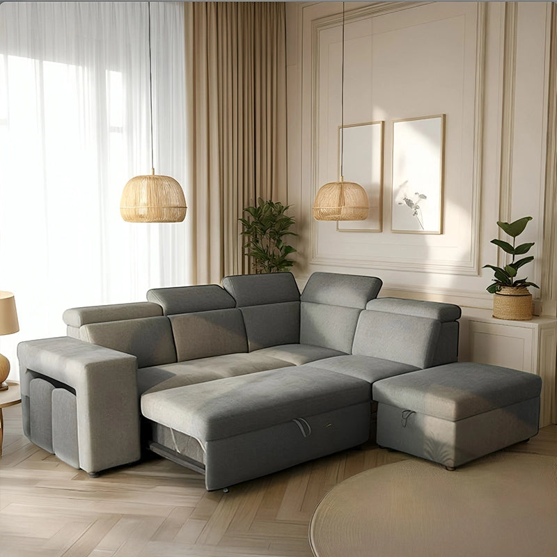 Dark grey L-shape sofa bed design with adjustable headrest – sofa cum bed, couch sleeper