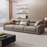 Matte taupe leather sofa design with curved arms – stylish sofa design, luxury furniture store bangalore