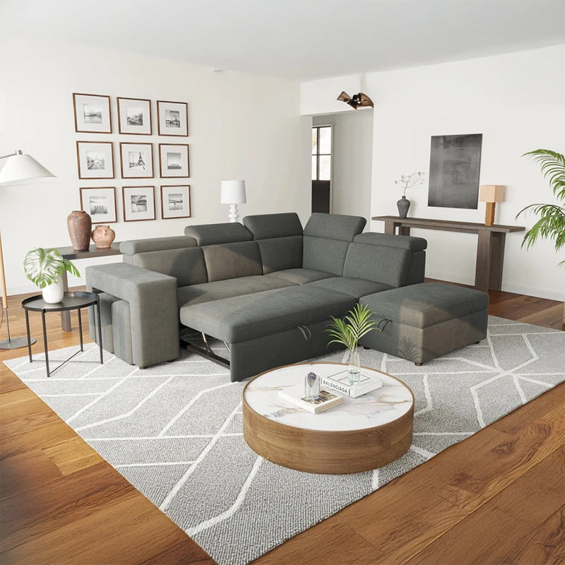 Boxy arms, two nested ottomans, and built-in storage under the chaise make this convertible sofa bed ideal for compact city spaces.