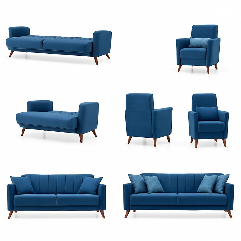 Its linear 3+2+1 layout, wrapped in plush grey velvet-like fabric, showcases a Scandinavian-modern ethos. - Blue