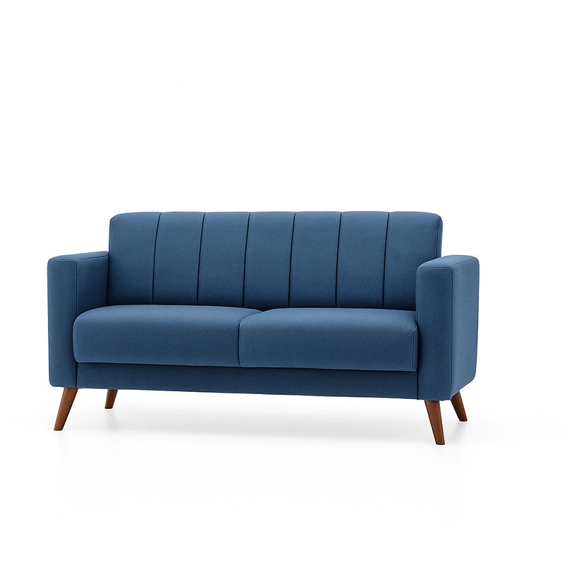 Blue sofa with wooden legs on a white background
