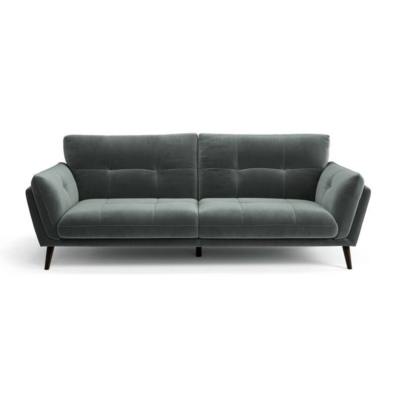 The dark wood legs add contrast, while the teal, grey, taupe, and navy options enhance any decor palette.