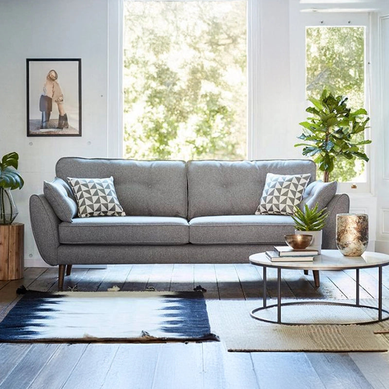  Grey fabric couch with walnut legs and piped edges – modern sofa design, 4 seater couch