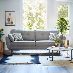  Grey fabric couch with walnut legs and piped edges – modern sofa design, 4 seater couch