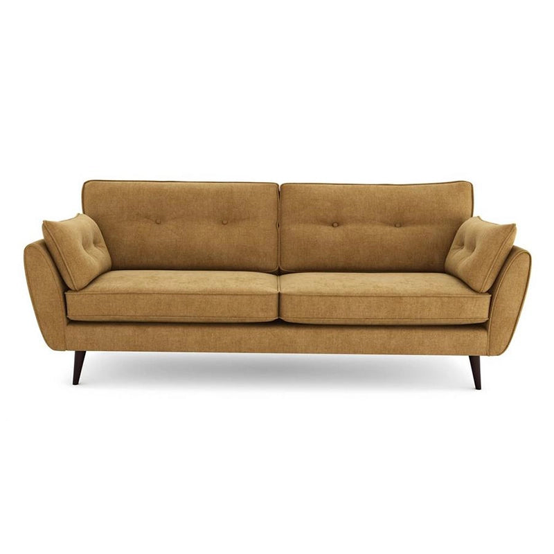 Mustard fabric couch in corner layout with accent pillows – contemporary sofa design, 4 seater sofa