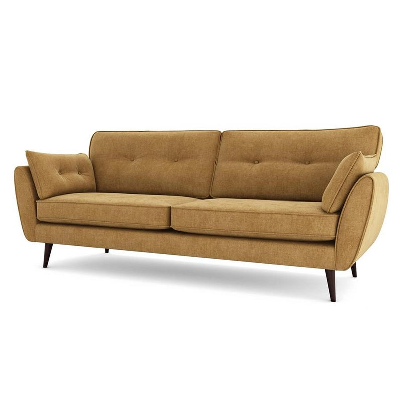 Mustard fabric couch with walnut legs and piped edges – modern sofa design, 4 seater couch