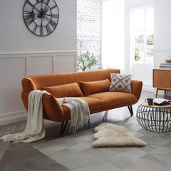 Burnt orange fabric couch with flared arms, modern sofa design, 3 seater, matte black legs