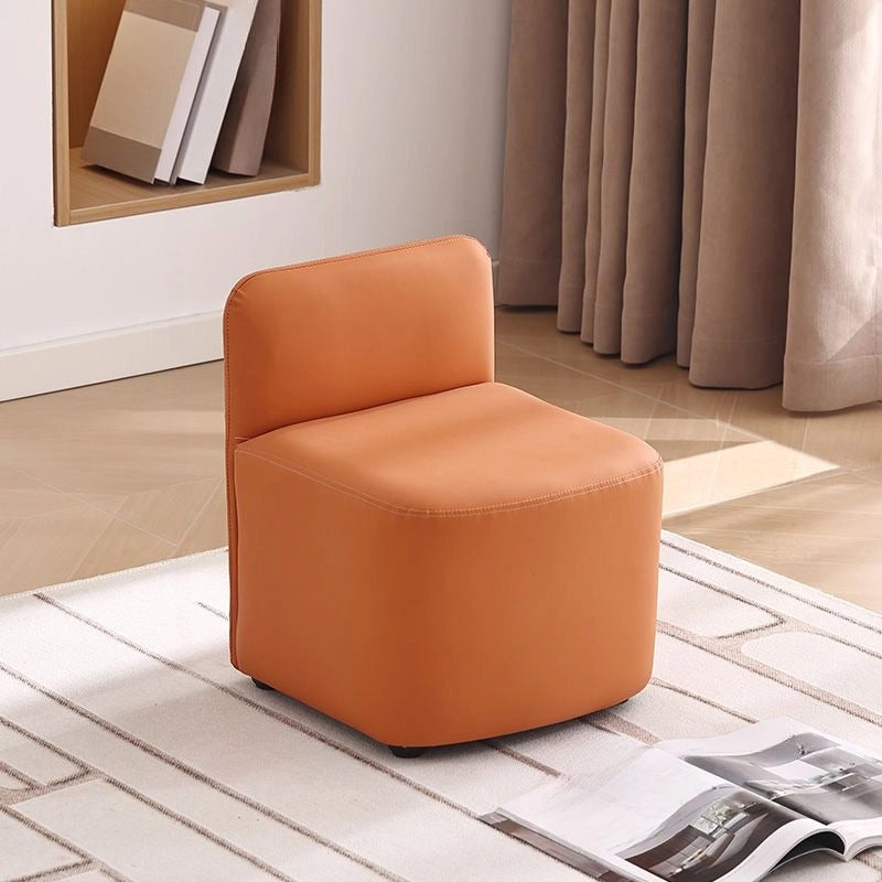 Cube-shaped pouffe ottoman design with ottoman stool and pouf seat in burnt orange leatherette
