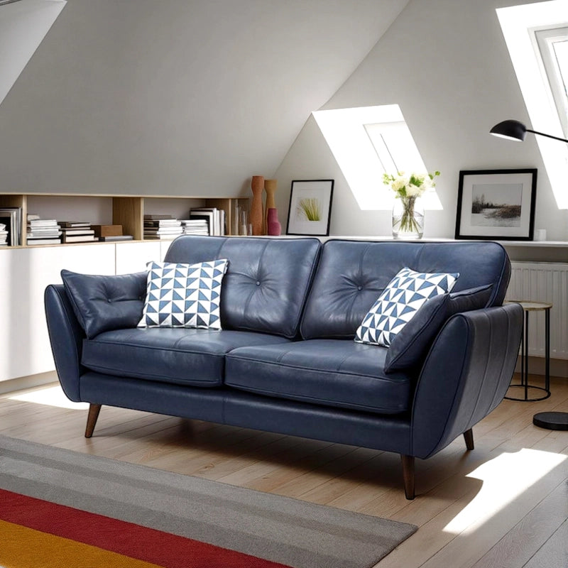 Navy leather sofa design with flared arms and button tufting – stylish sofa design, pure leather couch