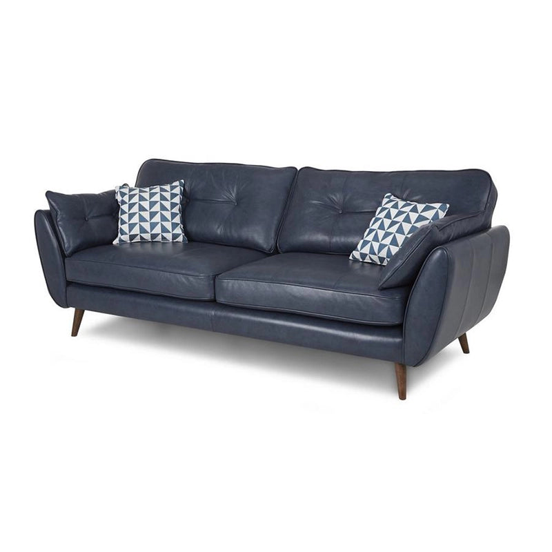 Navy Leather Sofa with walnut legs and piped edges – modern sofa design, 4 seater couch