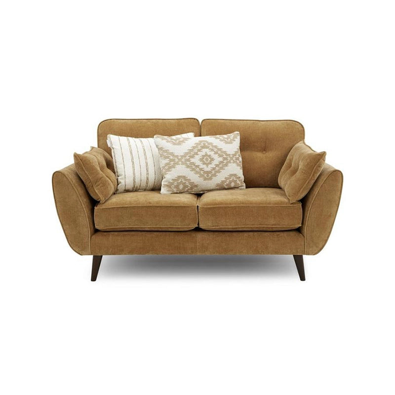 Mustard fabric couch in corner layout with accent pillows – contemporary sofa design, 2 seater sofa