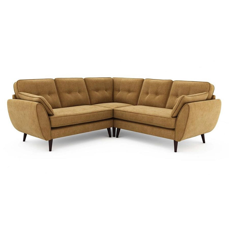 Mustard fabric couch in corner layout with accent pillows – contemporary sofa design, 4 seater sofa