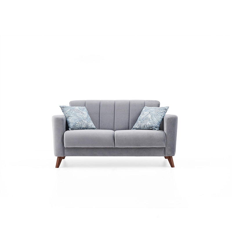 Gray sofa with two decorative pillows on a white background