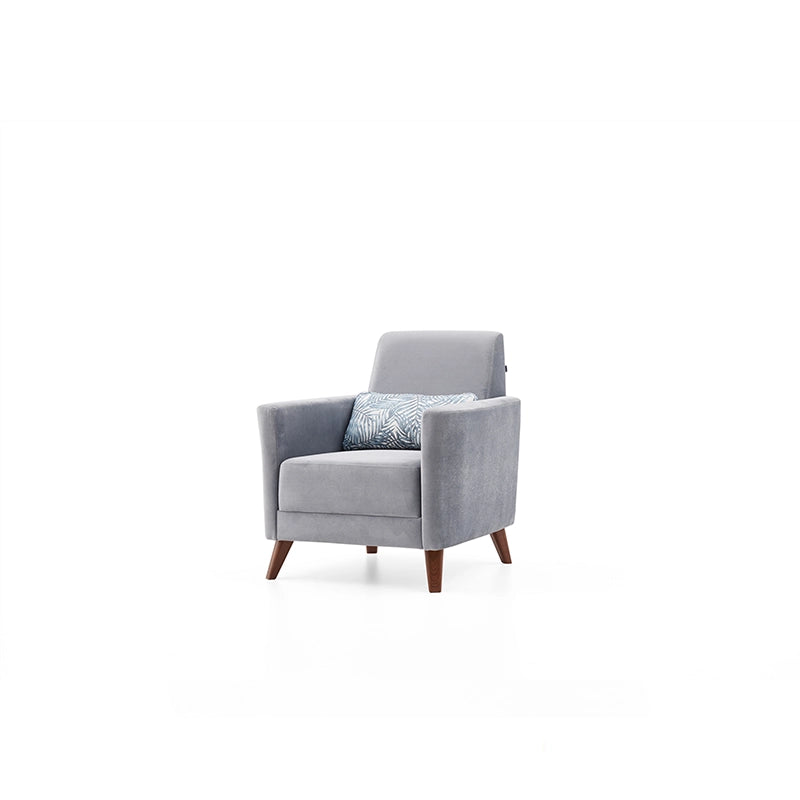 Gray armchair with a patterned pillow on a white background
