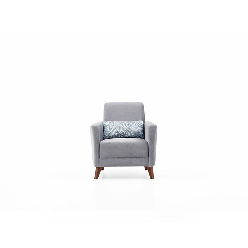 Gray armchair with a patterned pillow on a white background