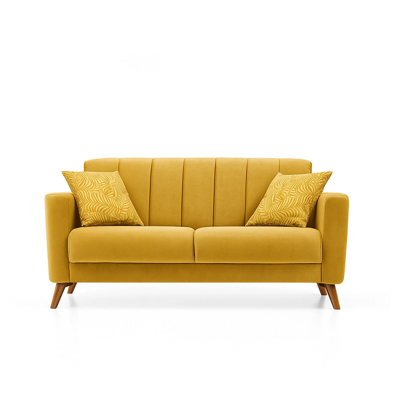 Yellow sofa with two patterned pillows on a white background