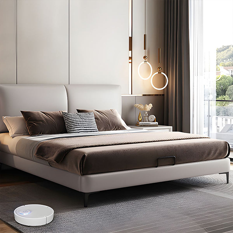 Side angle view with metal legs and low-profile height, bed online, modern bed design, matte texture