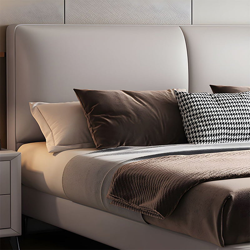 Headboard detail in symmetrical padding, hydraulic bed, bed frame, contemporary beige look