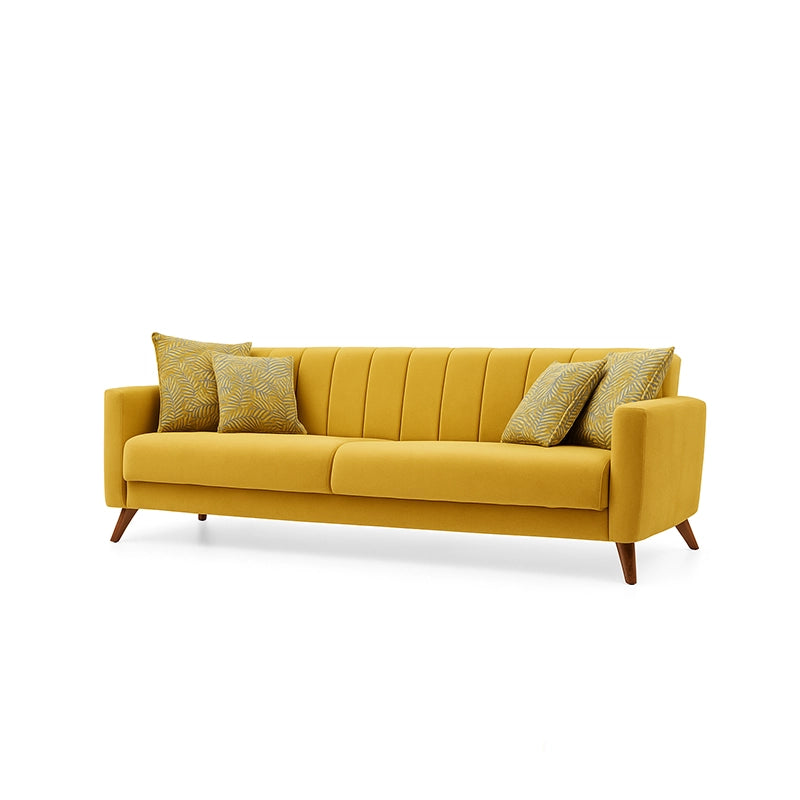 Yellow sofa with decorative pillows on a white background