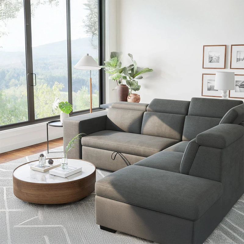 Its dark grey upholstery offers contemporary appeal, while integrated foam cushioning, adjustable headrests, and a supportive frame ensure medium-firm comfort.